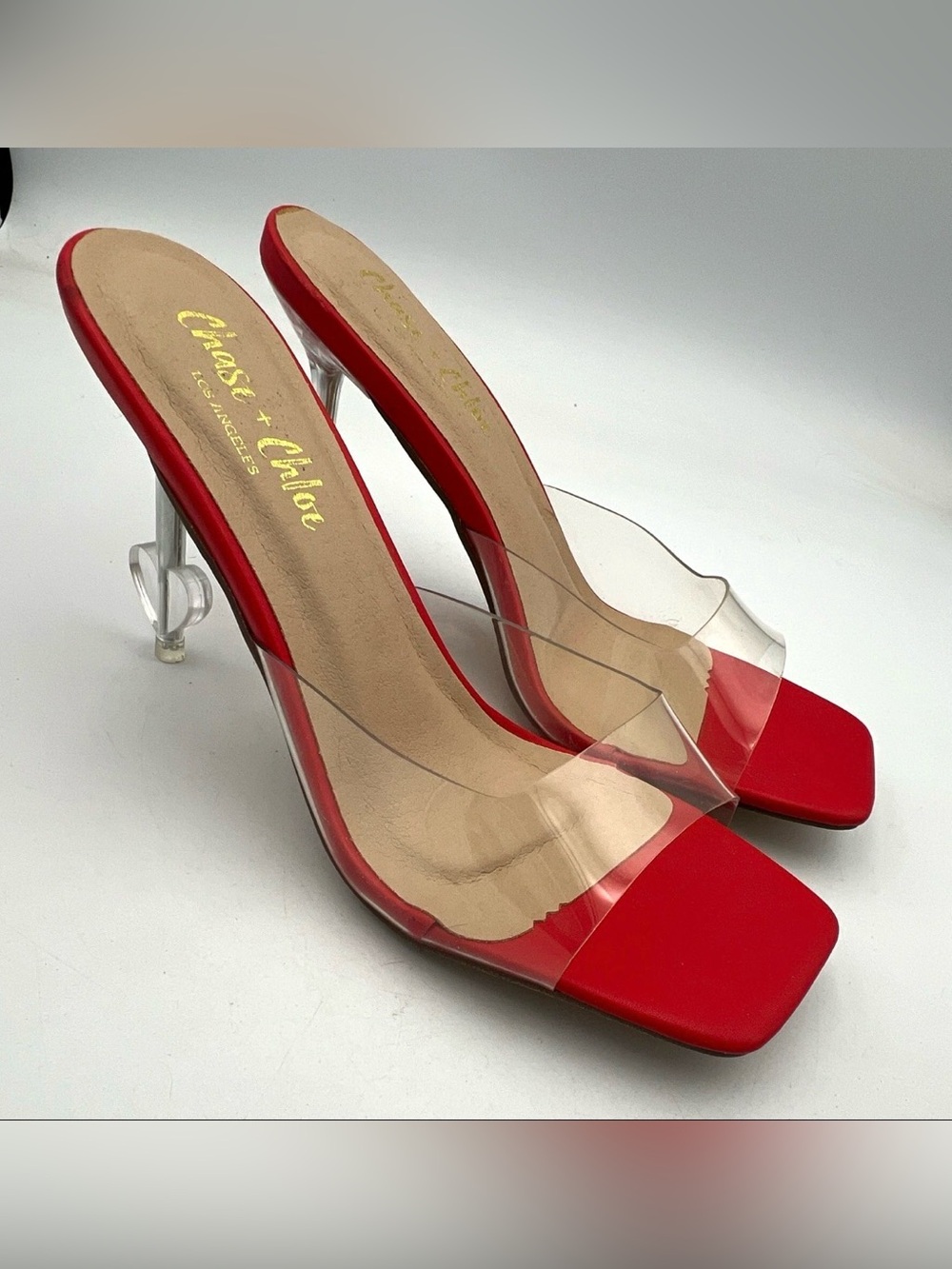 Chase + Chloe Red/Clear Strap Square Toe Mule Stiletto Heels Women’s Sz 8